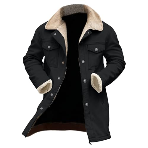 Generisch Winterjacke Herren Warm Fleece Gefüttert mit Knopf und Taschen Vintage Umlegekragen Truckerjacke Kunstledermantel Freizeit Übergangsjacke Herbst Wintermantel Streetwear