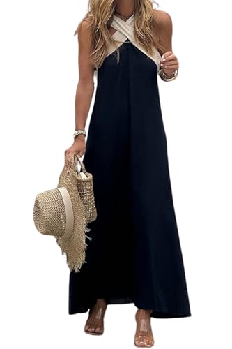 yoeasy Damen-Sommerkleid, Neckholder, überkreuzt, ärmellos, rückenfrei, Boho-Stil, fließend, schwingend, Baumwoll-Leinen, langes Kleid, Schwarz,...