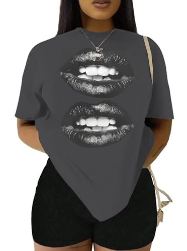 Image of Hilinker Women's Oversized T Shirt Graphic Tees Short Sleeve Shirts Summer Casual Loose Tops, Grey Lips, S