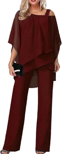 Vestidos de Novia Transpirables de Dos Piezas de Primavera y otoño para Mujer Traje de Trabajo para Fiesta de Boda Traje Informal de Gasa Irregular Conjunto de Pantalones Anchos (Rojo,3XL)