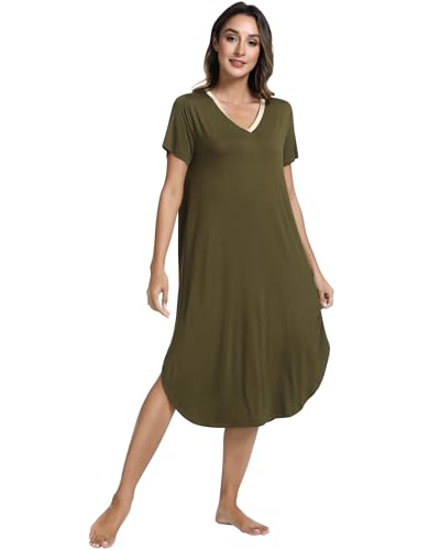 Image of NACHILA Nightgowns for Women-Viscose Made from Bamboo, V Neck Sleepshirts Short Sleeve Sleepwear Cool Nightshirt