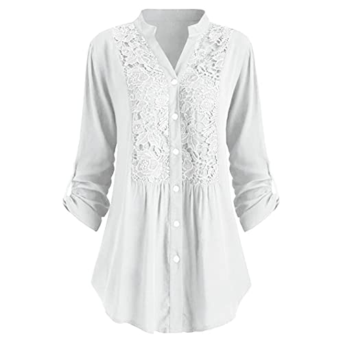 Camisetas longas de ajuste solto para mulheres, outono, verão, gola V, renda, básica, feminina, 2024