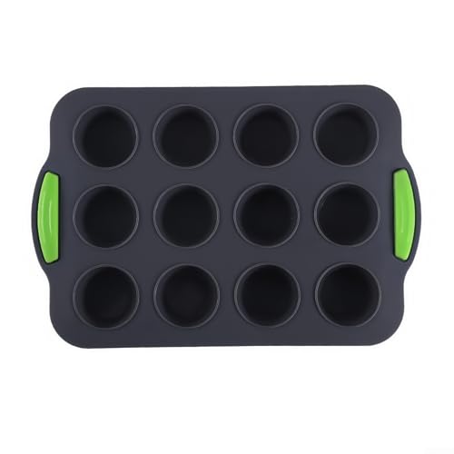 Shophubio Molde de silicona para magdalenas de 12 agujeros, bandeja no flexible para cupcakes, bocados de huevo, tartas y comida para bebés, apto para lavavajillas, gris (gris)