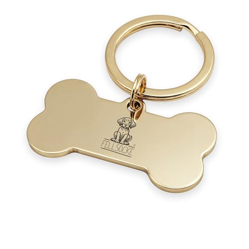 FELLSOCKE Hundemarke mit Gravur aus Edelstahl, Individuell gravierbar, Robuste Tiermarke, Dogtag Anhänger Hunde, Pferde, Katzen & Welpen (Glänzend, Goldfarben, 50x28mm)
