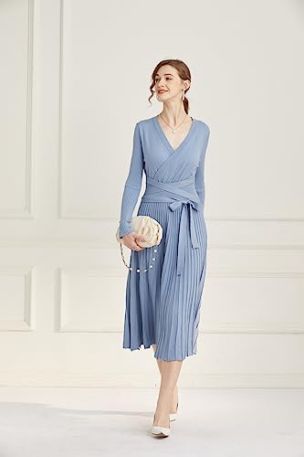 Image of Women's Long Knit Crewneck Sweater Dress Tie Waist A-Line Swing Pleated Bodycon