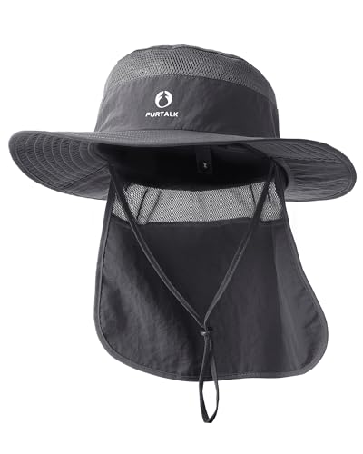 FURTALK Sun Hats for Men Women Fishing Hat with Neck Flap UPF 80+ Breathable Wide Brim Hiking Safari Summer Bucket Hats Dark Grey