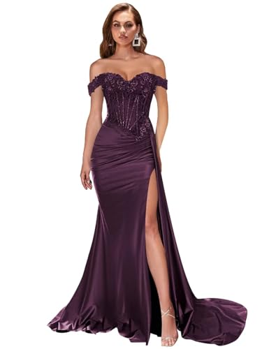 Women's Off The Shoulder Satin Bridesmaid Dresses Long Slit Mermaid Prom Dress 2025 Lace Applique Corset Party Gowns