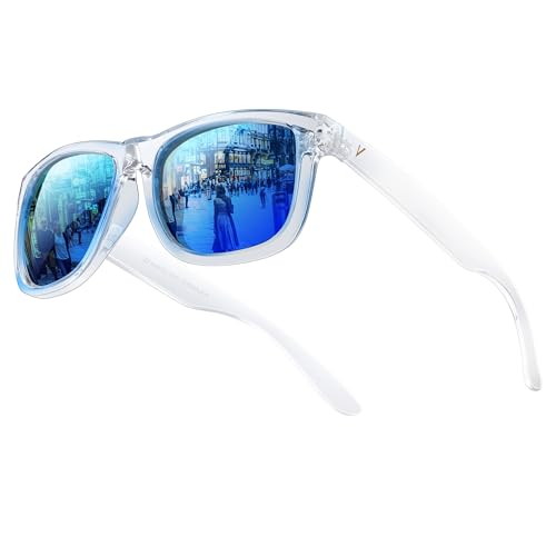 Vanmage Polarized Sunglasses for Men and Women UV400 Lightweight Driving Sunglasses for Fishing Golf Sports Square Frame Sun Glasses (Clear Frame-Blue Lens)