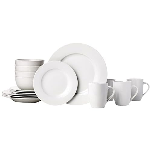 Amazon Basics 16-Piece Porcelain Kitchen Dinnerware Set with Plates, Bowls and Mugs, Service for 4 – White