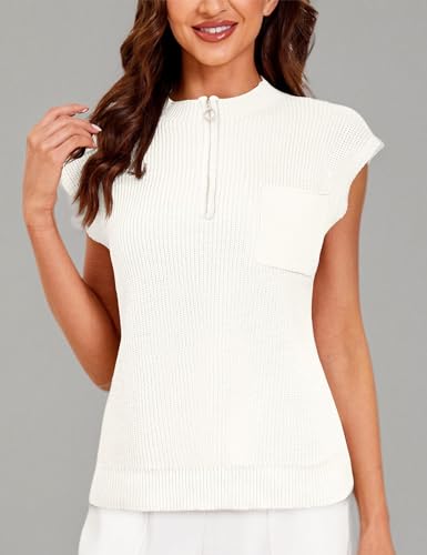 Image of Women Sleeveless Knit Zip Sweater Vest Loose Fit Mock Neck Casual Tank Top with Front Pocket