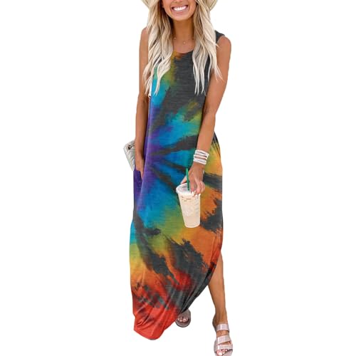 Fandee Womens Maxi Dresses Tie Dye Printed Sun Dresses Women Summer Casual Sleeveless Side Split Long Summer Dresses With Pockets Tie Dye Grey Large thumb #1