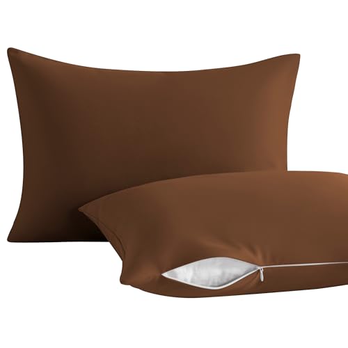 Image of NTBAY 2 Pack Toddler Pillows with Pillowcases, Soft Cotton Down Alternative 13x18 with Microfiber Zippered Pillowcases for Sleeping in Bed - Machine Washable - Breathable Travel Pillow, Brown