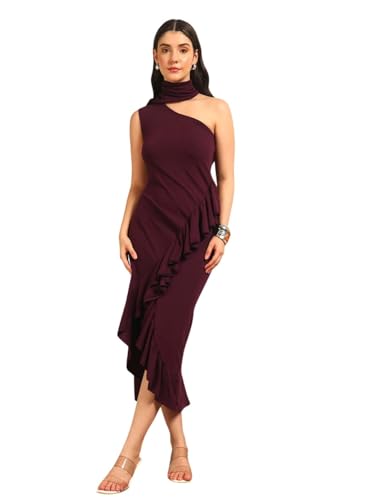 Image of Tandul Women's Solid Purple Cotton Blend Dress - One Shoulder High NeckMaxi /Full Length WithAsymmetric for Women - for Office, Casual, Festive & Party (11575)