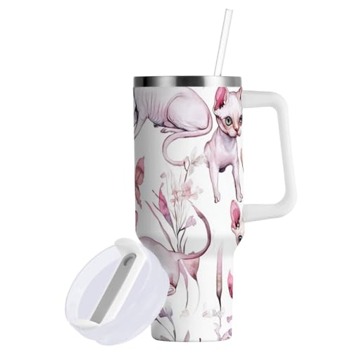 Vaso al vacío de 40 onzas con tapa y pajilla, diseño de gatos dulces, botella de agua con aislamiento floral y pajilla, taza de café de boca ancha para deportes, campamento, viajes