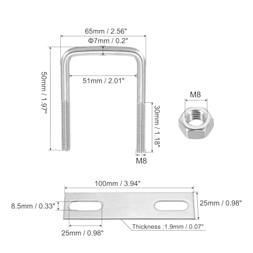 Image of PATIKIL M8x50x50mm Square U-Bolts Kit, 2Set 304 Stainless Steel Square U Shaped Bolts Replacement Parts with Frame Plates and Nuts for Ski Board Sailboat Trailer