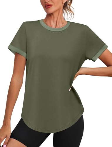 Image of Womens Workout Tops Summer Short Sleeve Shirts Athletic Color Block Gym Clothes Outfits Sun Protection UPF 50+ T Shirts