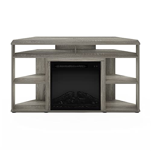 Image of Furinno Jensen Corner TV Stand with Fireplace for TV up to 55 Inches, French Oak Grey