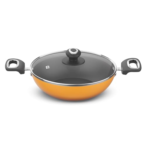Image of Preethi Dura Collection Non Stick Kadai, 24 cm, with Glass Lid, Gas & Induction Compatible, 5 Star Non Stick Effect, Turmeric Yellow
