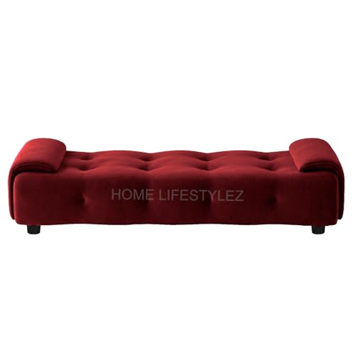 Image of Home Lifestlez Monel 2 Seater Tufted Ottoman Bench | Velvet Upholstered | Seating Bench Window Bench Footrest Stool End of Bed Bench Living Room Furniture | Comfortable & Stylish - Maroon