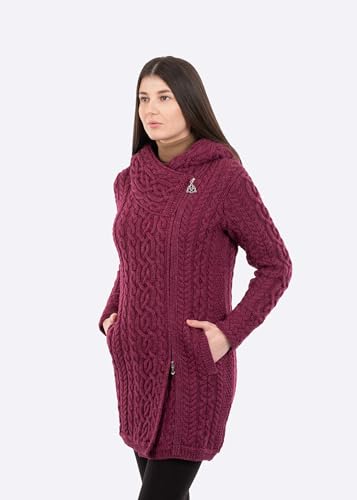 Image of SAOL Ladies Irish Aran Zip Cardigan - 100% Merino Wool Coat with Pockets and Hood, Made in Ireland