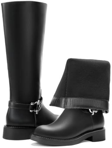 Knee High Boots for Women Wide Calf Boots Faux Leather Boots for Women With Side Zipper Fashion Buckle Work Motorcycle Riding Biker2