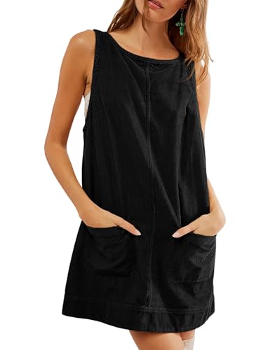 Hooever Women's Corduroy Overall Dress Round Neck A Line Skirtall Jumper Mini Dress Pinafore with Pockets(Black-S)