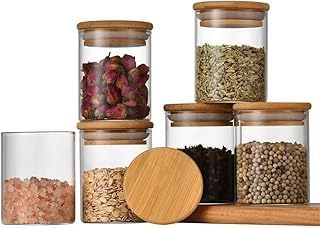 Kit 6 Potes Herméticos de Vidro 200ml com Tampa de Bambu Premium Redondo Porta Mantimentos Temperos Grãos Café Condimentos Organizador de Cozinha Vedação Hermética 6 Unidades Empilhável Moderno Luxo