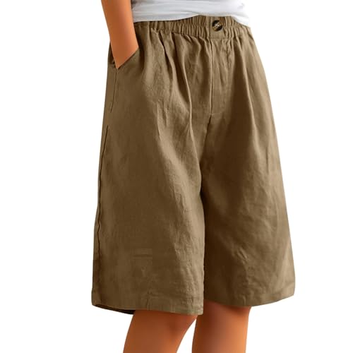 Pantalones Mujer Verano Running Pantalones Cortos de Verano Mujer Cintura Alta Ajuste Holgado Capri con Bolsillos Elásticos Cómodos para Uso Diario (Khaki, XL)