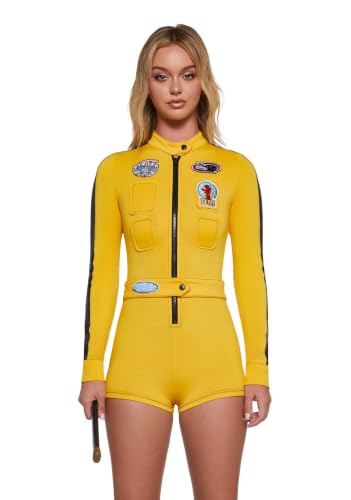 Dolls Kill Revenge Assassin Costume by Trickz N’ Treatz – Women’s Yellow Zip-Up Jumpsuit with Belted Waist & Racing Patches, Small