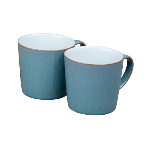 Denby - Azure Blue Patterned Coffee Mug Set of 2-400ml Large Stoneware Ceramic Cascade Tea Mug Set for Home & Office - Dishwasher Safe, Microwave Safe - Blue, White, Brown - Chip Resistant