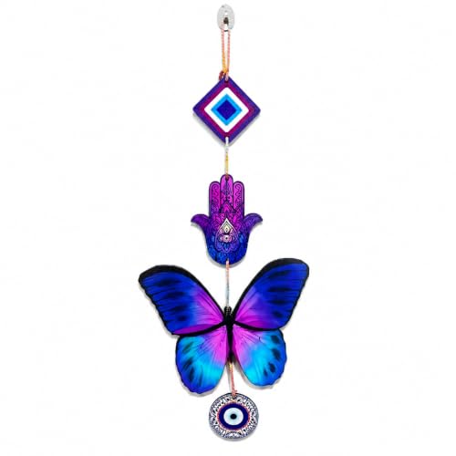 Image of Religious Door Hanging Decor with Pearl Beads & Tassel, Wooden Wall Hanging for Home Temple, Pooja Room, Entrance, Mandir Decoration & Spiritual Gift, Blue Butterfly
