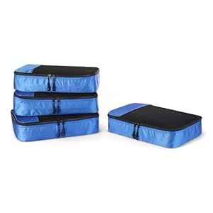 Amazon Essentials 4-Piece Packing Cubes Travel Accessories Set, Luggage Organiser with Double Zip, Mesh Top, 100% Polyester, Medium, Blue (Previously Amazon Basics)