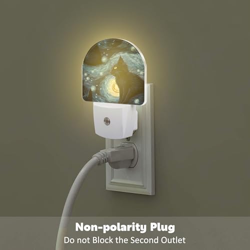 Image of Starry Night Black Cat Night Light Plug into Wall, Abstract Oil Painting Cat Dusk to Dawn Night Light Plug in,0.5w Energy Saving Sleep Friendly Nightlight for Kids Boys Girls Home Decor