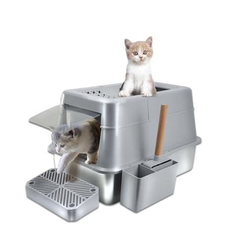 Inodoro para gatos de acero inoxidable, con tapa cerrada, equipado con cuchara y pedal de filtro, espacioso y adecuado para gatos grandes y pequeños, a prueba de fugas, fácil de limpiar, no grasiento