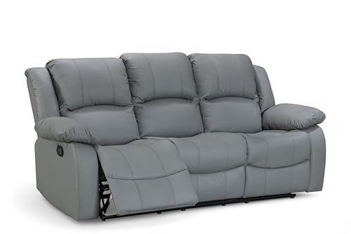 PU Grey Faux Leather 3 Seater Recliner Sofa | Manual Lever, 3 Positions, Easy 160° Recline | Durable Fabric | Ideal for Couples, Elderly, Loveseat for Lounge, Gaming Room or Living Room | VARESA