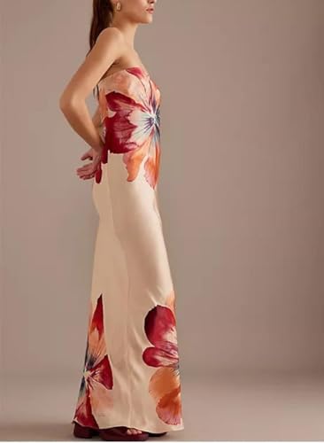 Image of Women Floral Strapless Maxi Dress Y2K Bodycon Tube Long Dresses Sexy Party Formal Cocktail Beach Slit Dress