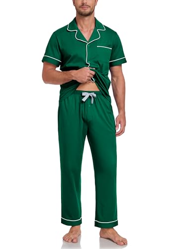 Image of COLORFULLEAF 100% Cotton Mens Pajamas Set Short Sleeve Loungewear with Long Pants Button Down Sleepwear Soft Comfy Pj for Men