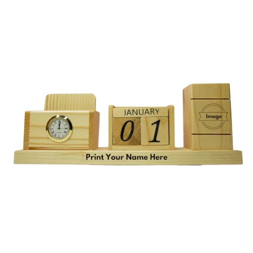 Image of CRAFT CLOSET & GIFTS Customized Steam Breech Wooden Office Study Desk Supplies Organizer Stand with Clock, Calendar, Pen /Pencil Holder & Phone /Card Slot For IAS, Advocates, Office & Corporate Gifts