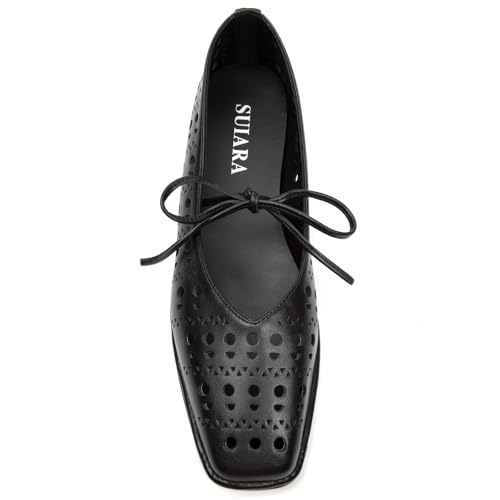 Image of Lace up Ballet Flats Women Square Toe Mary Jane Flats Bow Slip On Comfortable Ballerina Shoes