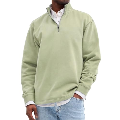 Sudadera con cremallera de un cuarto para hombre, casual, cuello liso, cremallera de 1/4, manga larga, para otoño e invierno, ropa deportiva al aire libre, verde, L