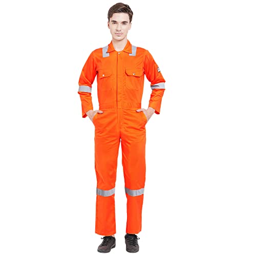 Image of MEN'S 100% COTTON FIRE RETARDANT INDUSTRIAL WORK WEAR COVERALL BOILER SUIT WITH REFLECTIVE TAPE 245 GSM (L - 40, ORANGE)