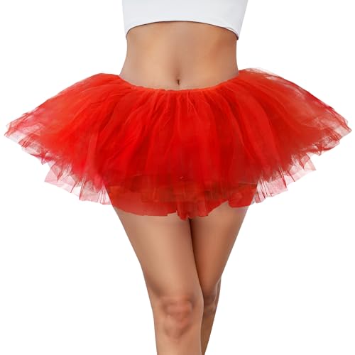 Women 5 Layers Tutu Fluffy Dance Ballet Bubble Skirt Puffy Elastic Tulle Short Skirts Halloween Christmas Costume Red