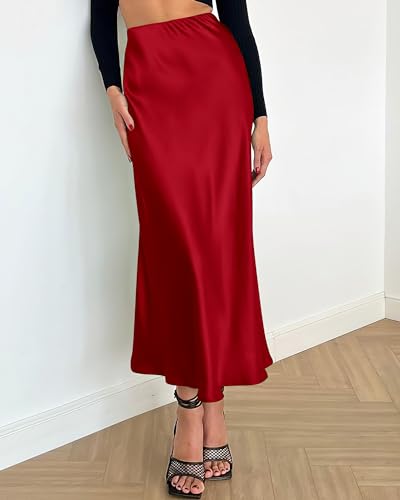 Image of BTFBM 2026 Summer Womens Skirts Silk Elegant High Waist Flowy Long Satin A-Line Midi Skirt Cocktail Wedding Party