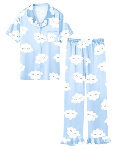 QZH.DUAO Girls Satin Pajamas Set Button Down Silk 2 Piece Pj Sets Ruffle Pants Sleepwear, Blue Eyelashes, 7-8 Years