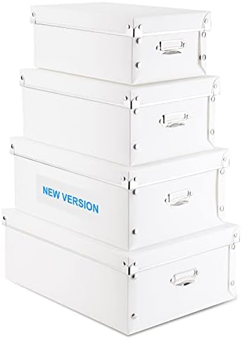 HYUNLAI 4 Pack Storage Box, Decorative Storage Bins with Lid,Plastic,with Handles,Press-Stud Fastening,Moisture-Proof,Foldable for Space Saving Storage,for Clothes,Cosmetic,Blankets(White)