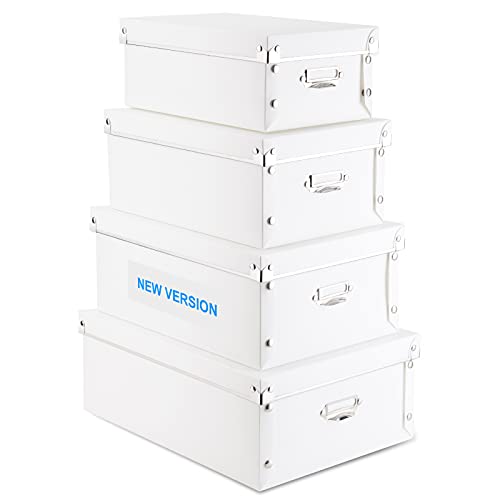 Hyunlai 4 Pack Storage Box, Decorative Storage Bins With Lid,Plastic,With Handles,Press-Stud Fastening,Moisture-Proof,Foldable For Space Saving Storage,For Clothes,Cosmetic,Blankets(White) #TOP19
