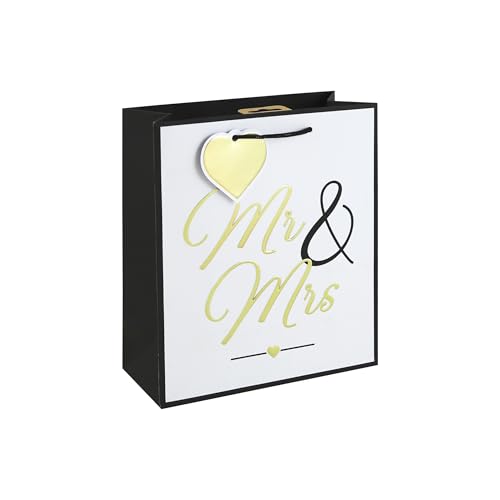 Eurowrap Mr & Mrs Medium Gift Bag Black & White Wedding Present Bag with Embossed Foil Textured White Kraft Paper & Paper Woven Handles Wedding & Gift For Anniversary