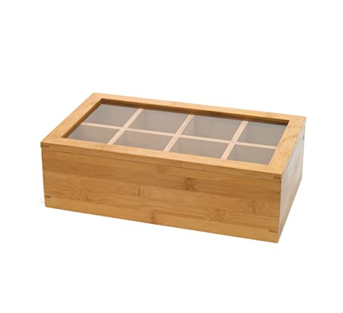 image for Lipper International Bamboo Wood Tea Box with Clear Lid, 8 Compartment