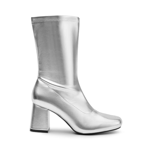 DREAM PAIRS Women's Mid Calf Gogo Boots Low Block Heel Square Toe Ankle Boot with Zipper for Party Cosplay Dance,Size 9,Metallic Silver,SDMB2301W-1