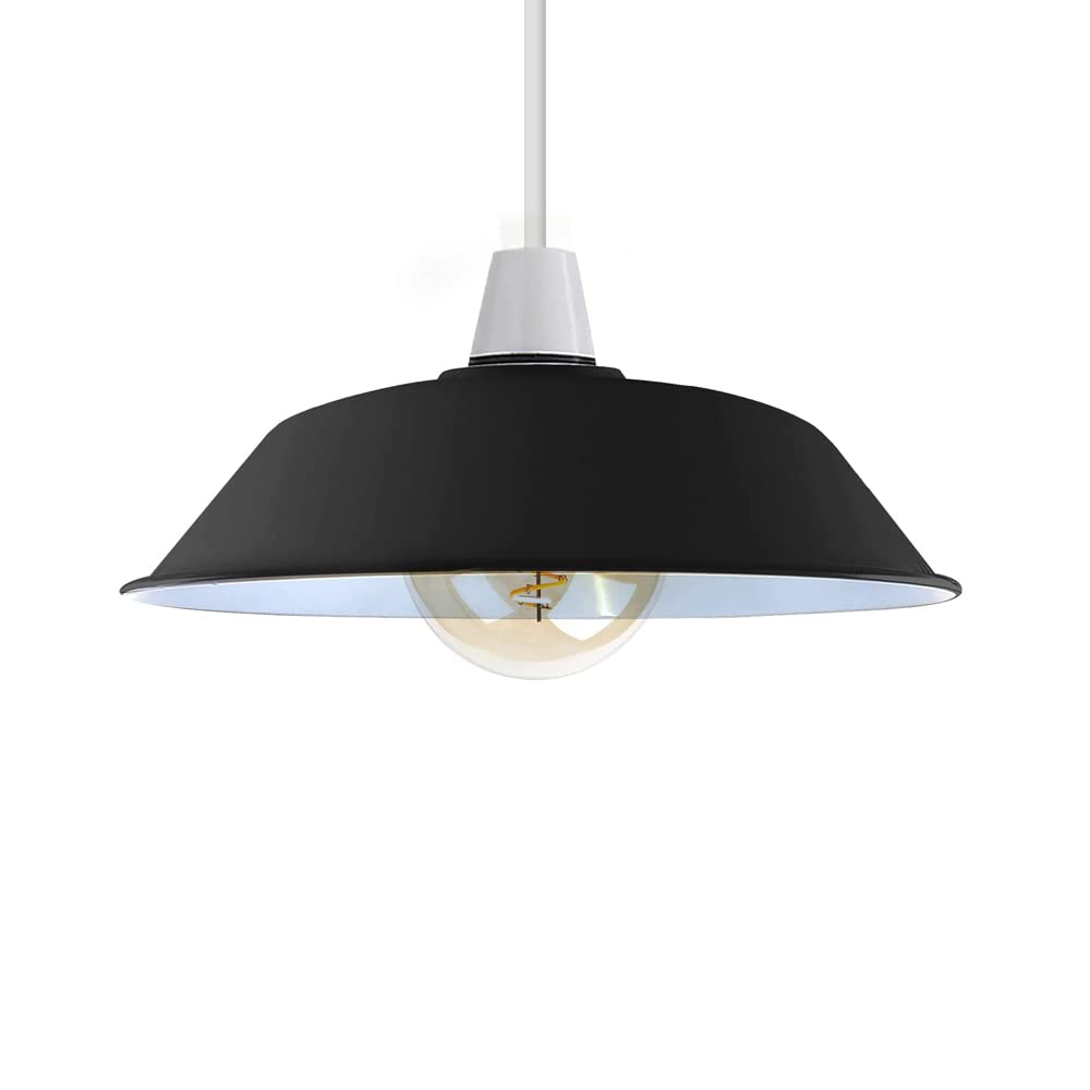 LEDSone Retro Style Ceiling Light Shades Vintage Industrial Shades, Rustic Metal Curved 36cm Large Easy Fit Modern Look Shades for Pendant Lighting Bedroom, Kitchen, Office (Black & White)